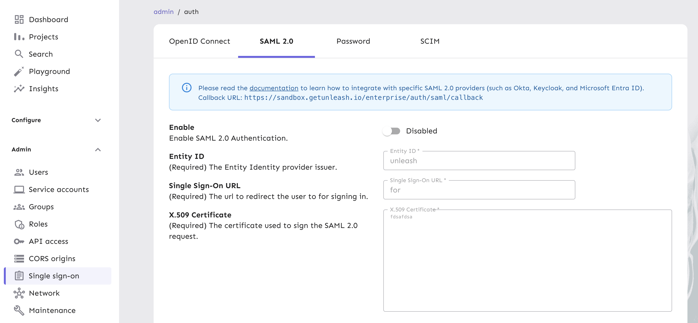 In Unleash&#39;s Single Sign-On page, there are four tabs to set up Open ID Connect, SAML 2.0, traditional passwords, and SCIM.